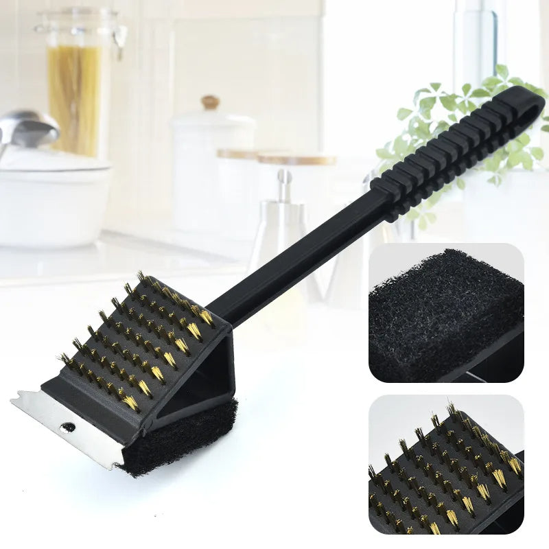3-in-1 Barbecue Grill Brush, Grill Cleaning Brush with Steel Bristles, Sponge and Scraper for BBQ Grates