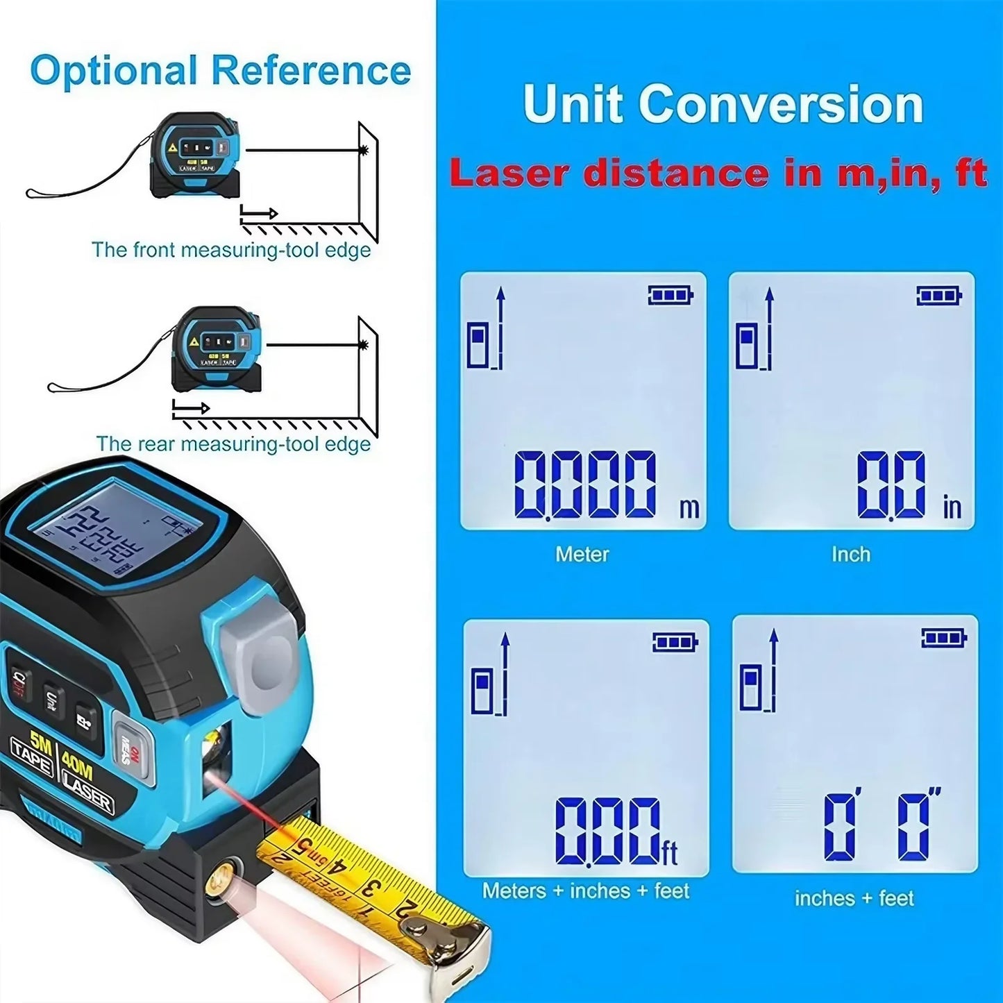 Laser Tape Measure, 2-in-1 Laser Distance Meter and Steel Tape with Digital Display and 20-Set Memory, 2 Colors