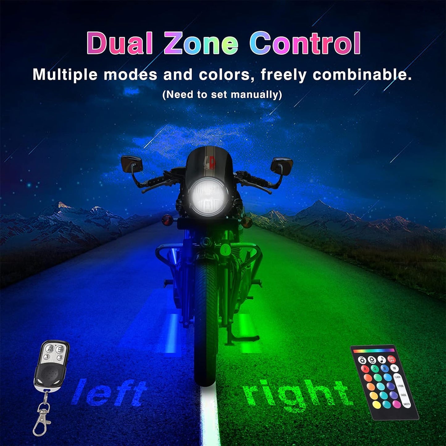 Motorcycle LED Light Kit, 12-Piece 144 LED RGB Strips with App and Remote Control, Brake and Turn Signal, IP68 Waterproof