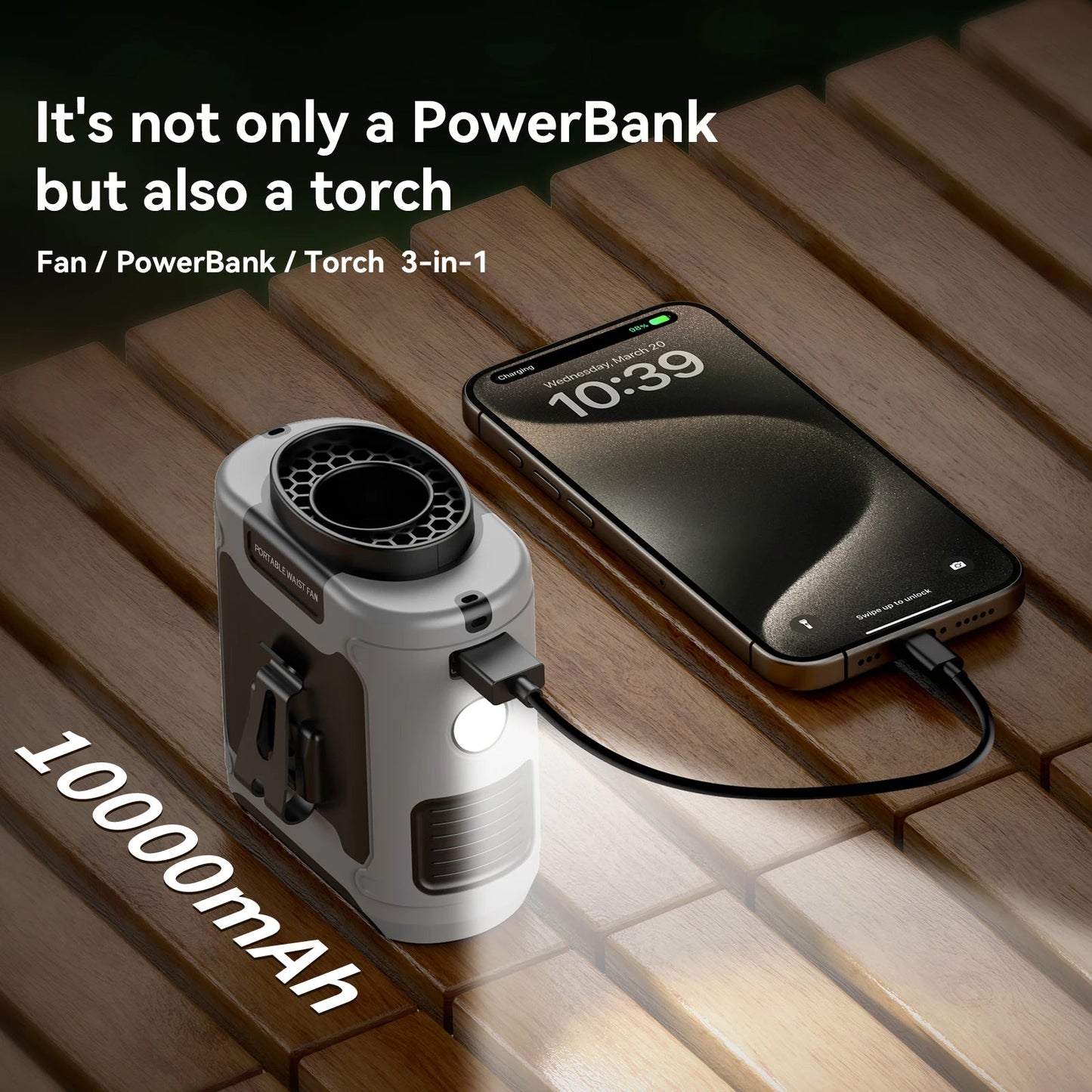 Portable Neck & Waist Cooling Fan, 10000mAh Rechargeable Clip-On Fan with Power Bank & LED Light, Hands-Free for Outdoor Work & Sports
