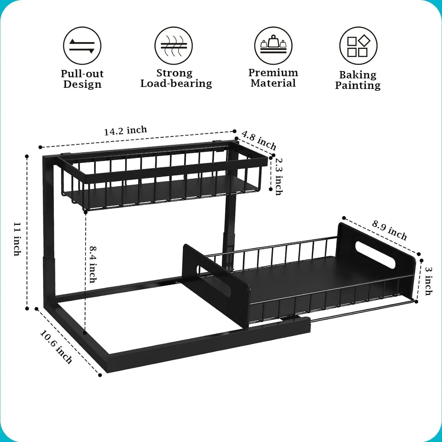 2-Tier Slide-Out Under Sink Organizer, L-Shaped Pull-Out Cabinet Storage Rack for Kitchen and Bathroom, Tool-Free