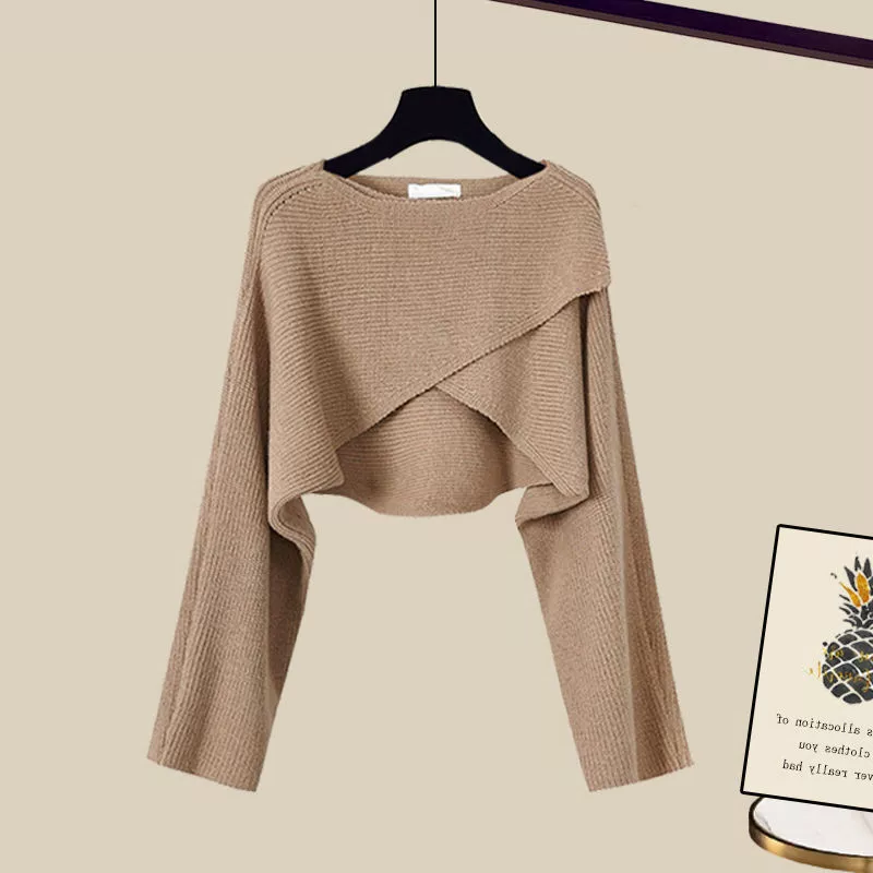 Knit Dress Set, 3-Piece Knitted Sweater Top and Wide-Leg Lounge Set for Women, Casual Cotton Blend, Brown or Gray