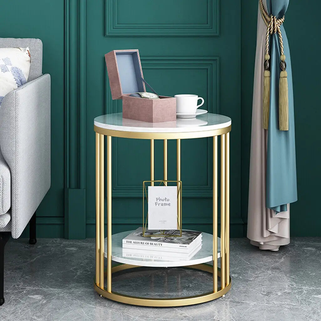 Two-tier round side table with a white stone-look top and gold metal frame