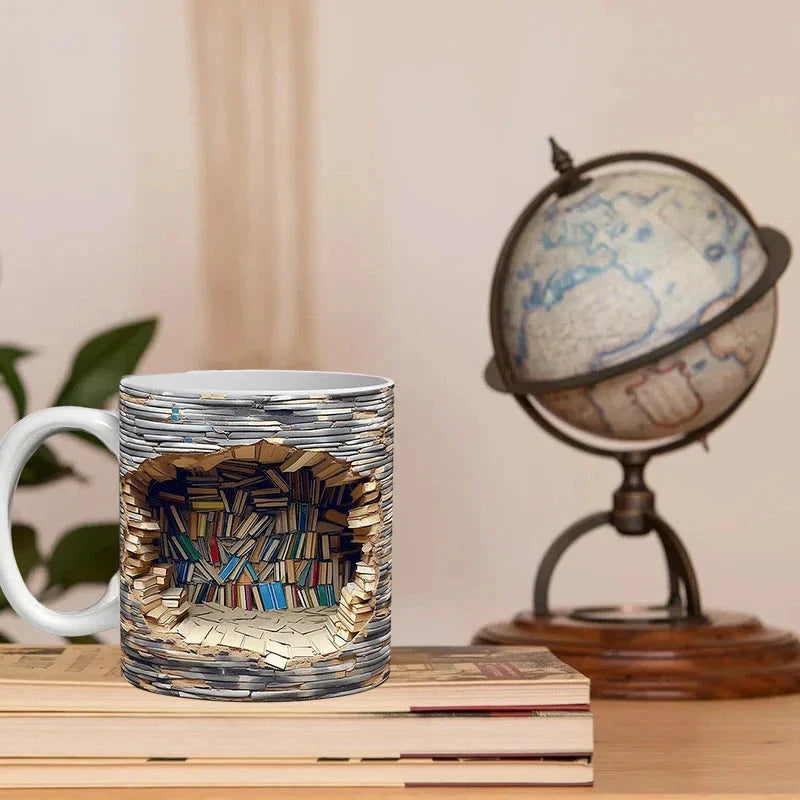 3D Bookshelf Coffee Mug, Ceramic Book Lover Mug for Office and Home, Microwave Safe Reader Gift, 3 Styles