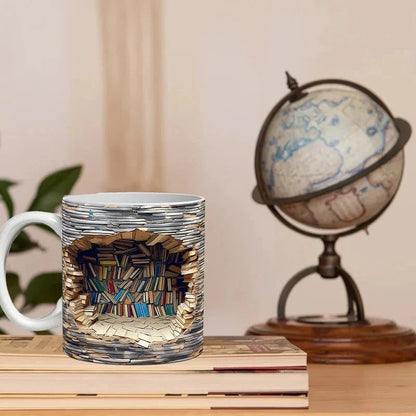 3D Bookshelf Coffee Mug, Ceramic Book Lover Mug for Office and Home, Microwave Safe Reader Gift, 3 Styles