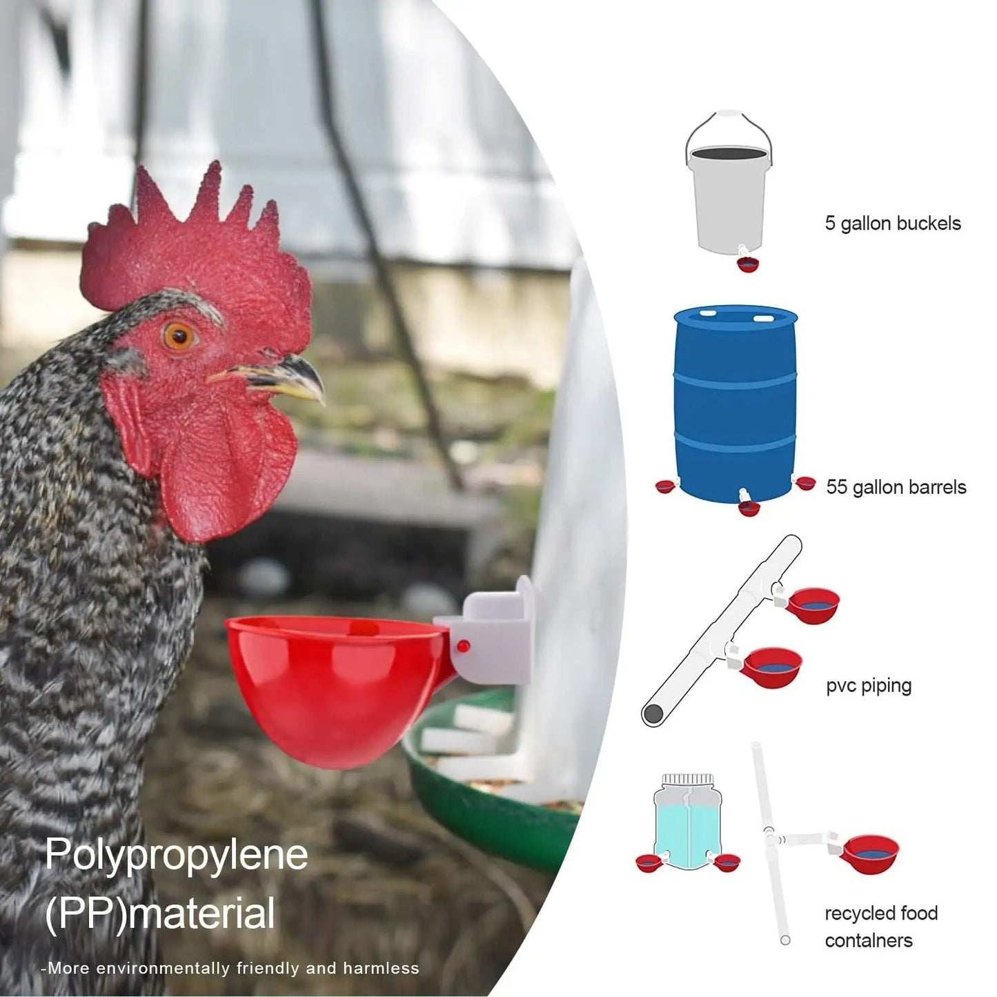 Automatic Chicken Waterer Cups, 10 Pack Poultry Water Cups with Drill Bit, Gravity-Fed No-Drip Drinker for Chickens, Ducks & Quail