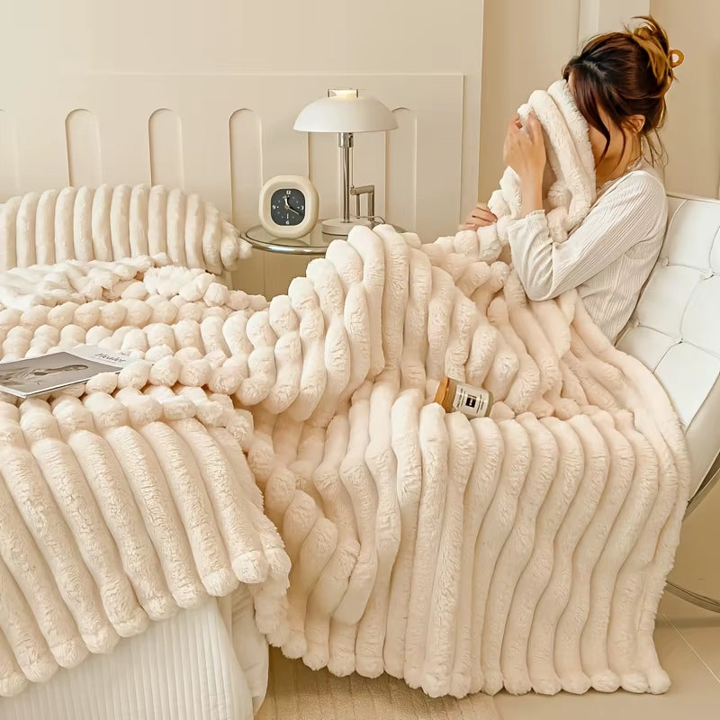 Person sitting on a bed wrapped in an ivory ribbed faux fur throw.