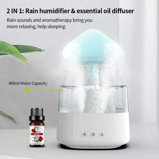 Rain Cloud Aromatherapy Diffuser, 2-in-1 Essential Oil Humidifier and Raining Cloud Night Light for Bedroom & Desk