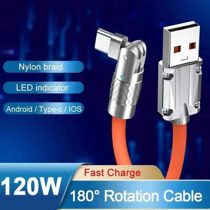 180-Degree Rotating Fast Charging Cable, 120W USB-C, Micro USB & Lightning Gaming Charger Cord with Data Sync, 3 Colors