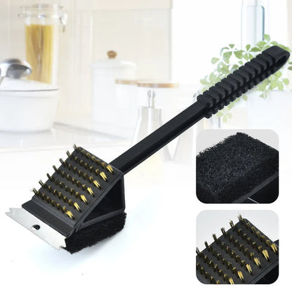 3-in-1 Barbecue Grill Brush, Grill Cleaning Brush with Steel Bristles, Sponge and Scraper for BBQ Grates