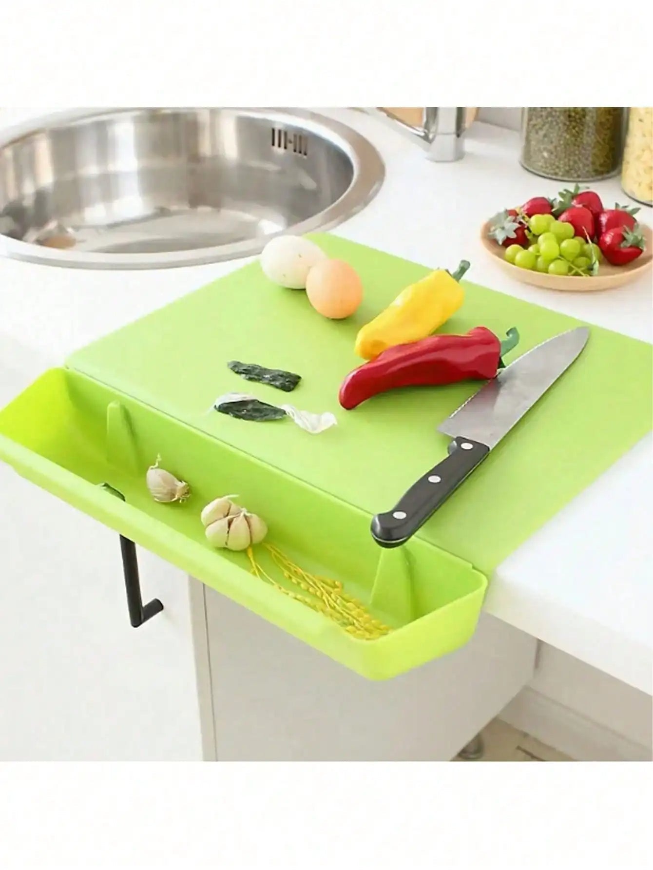 2-in-1 Cutting Board with Tray, BPA-Free Chopping Board with Slide-Out Drawer and Bag Holder for Kitchen Prep, 2 Colors
