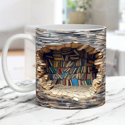 3D Bookshelf Coffee Mug, Ceramic Book Lover Mug for Office and Home, Microwave Safe Reader Gift, 3 Styles