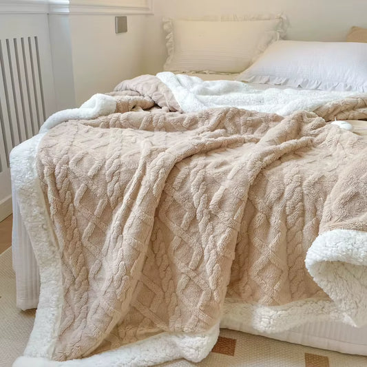 Light coffee cable-textured sherpa throw blanket draped across a bed.