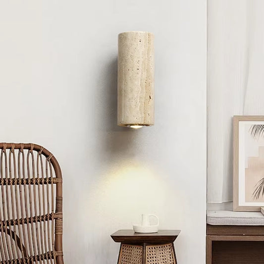 Travertine and walnut-color wood wall sconce, detail