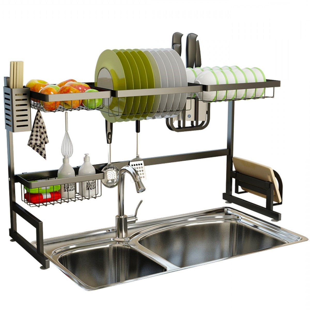 Stainless Steel Dish Drying Rack, Over-the-Sink Dish Rack with Utensil Holder and Cup Hooks for Small Kitchens
