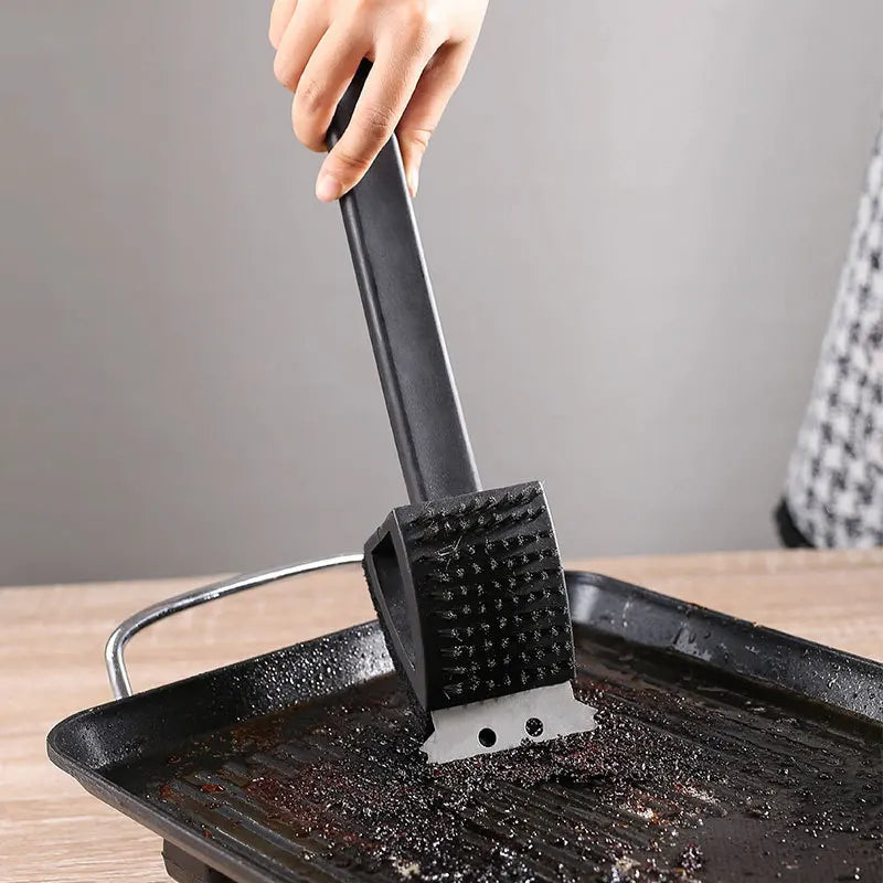 3-in-1 Barbecue Grill Brush, Grill Cleaning Brush with Steel Bristles, Sponge and Scraper for BBQ Grates