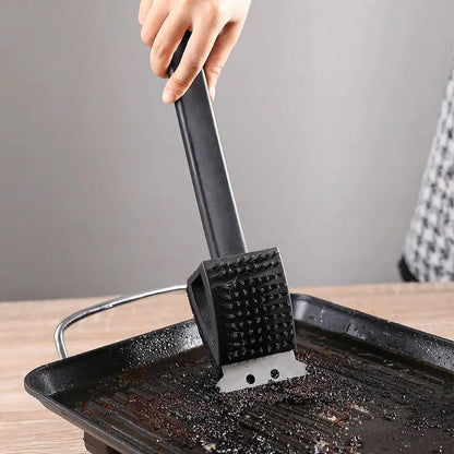 3-in-1 Barbecue Grill Brush, Grill Cleaning Brush with Steel Bristles, Sponge and Scraper for BBQ Grates