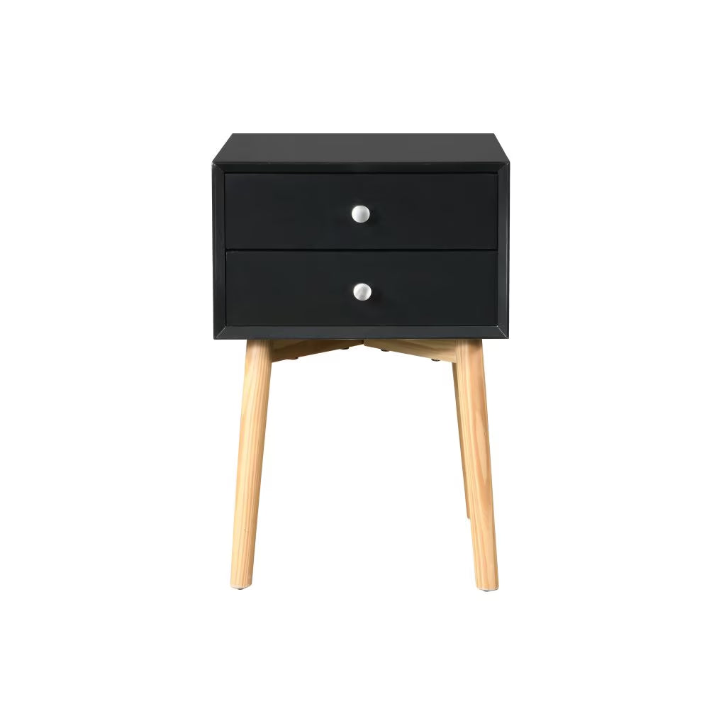 Front of the black two-drawer nightstand