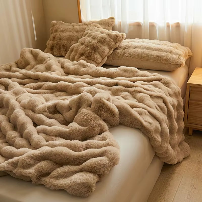Camel faux rabbit fur throw blanket