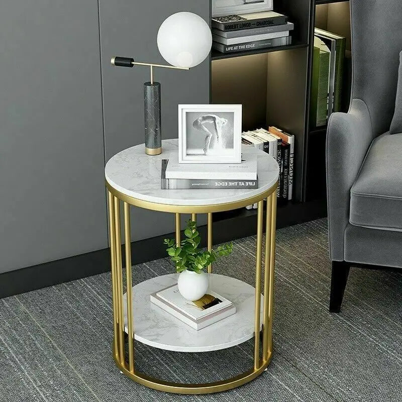 Two-tier round side table with a white stone-look top and gold metal frame