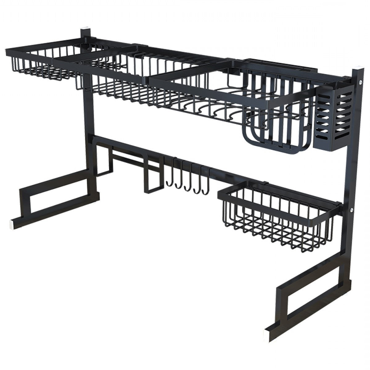 Stainless Steel Dish Drying Rack, Over-the-Sink Dish Rack with Utensil Holder and Cup Hooks for Small Kitchens
