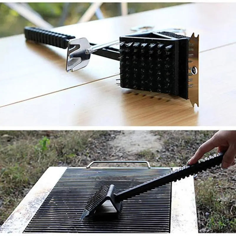 3-in-1 Barbecue Grill Brush, Grill Cleaning Brush with Steel Bristles, Sponge and Scraper for BBQ Grates