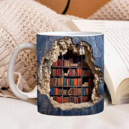 3D Bookshelf Coffee Mug, Ceramic Book Lover Mug for Office and Home, Microwave Safe Reader Gift, 3 Styles