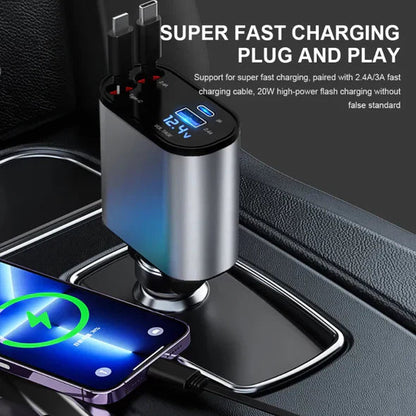 4-in-1 Retractable Car Charger with USB-C & Lightning Cords - Fast Multi-Device Charging for Commutes & Road Trips