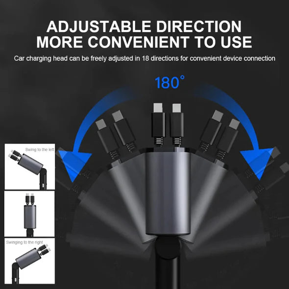 4-in-1 Retractable Car Charger with USB-C & Lightning Cords - Fast Multi-Device Charging for Commutes & Road Trips