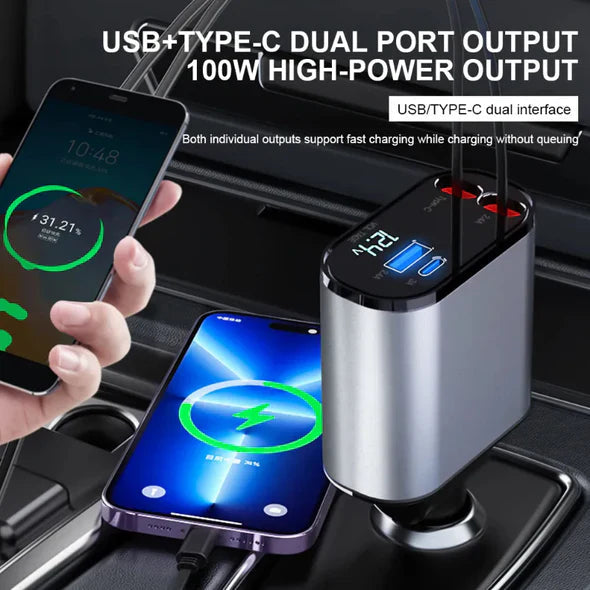 4-in-1 Retractable Car Charger with USB-C & Lightning Cords - Fast Multi-Device Charging for Commutes & Road Trips