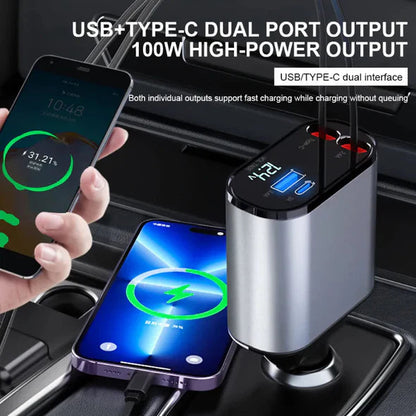 4-in-1 Retractable Car Charger with USB-C & Lightning Cords - Fast Multi-Device Charging for Commutes & Road Trips