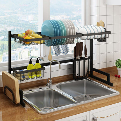Stainless Steel Dish Drying Rack, Over-the-Sink Dish Rack with Utensil Holder and Cup Hooks for Small Kitchens
