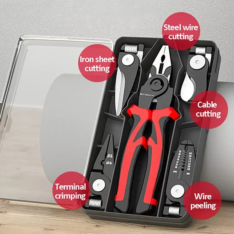 5-in-1 Multifunctional Pliers Set, Wire Stripper, Cutter and Crimping Tool with Interchangeable Heads for Electrical Work