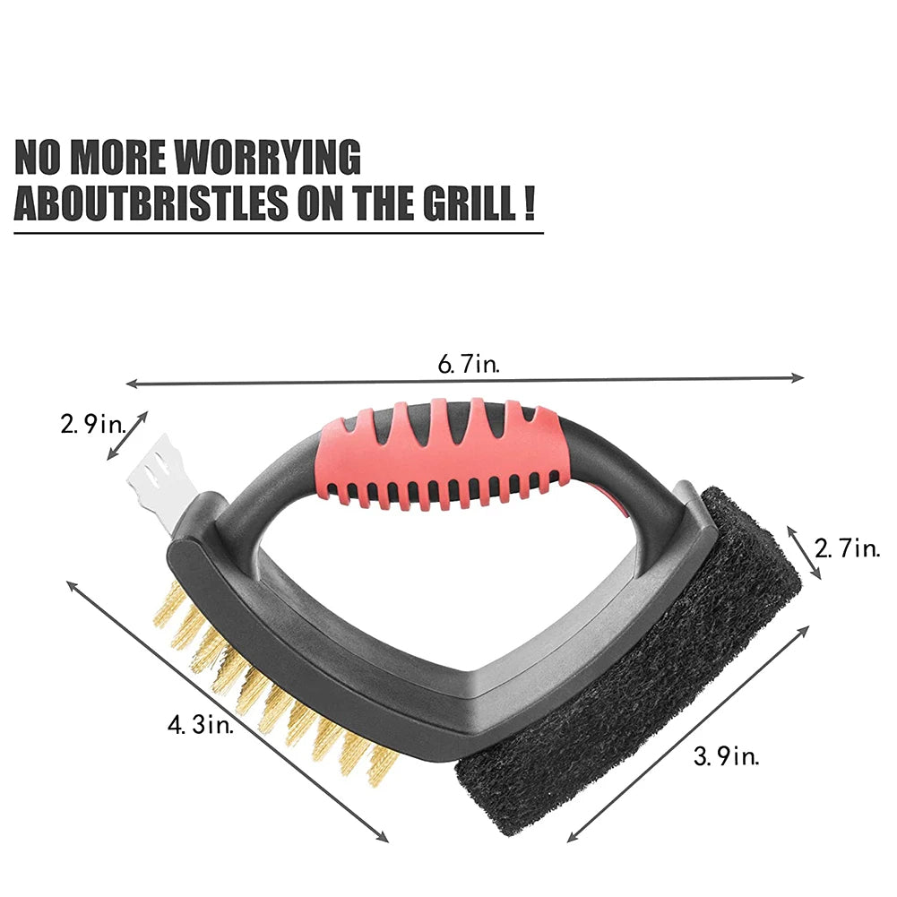 Brass Bristle Grill Brush, Safe BBQ Grill Cleaner with Real Brass Bristles and Built-In Scraper, Heat-Resistant Frame