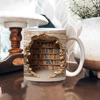 3D Bookshelf Coffee Mug, Ceramic Book Lover Mug for Office and Home, Microwave Safe Reader Gift, 3 Styles