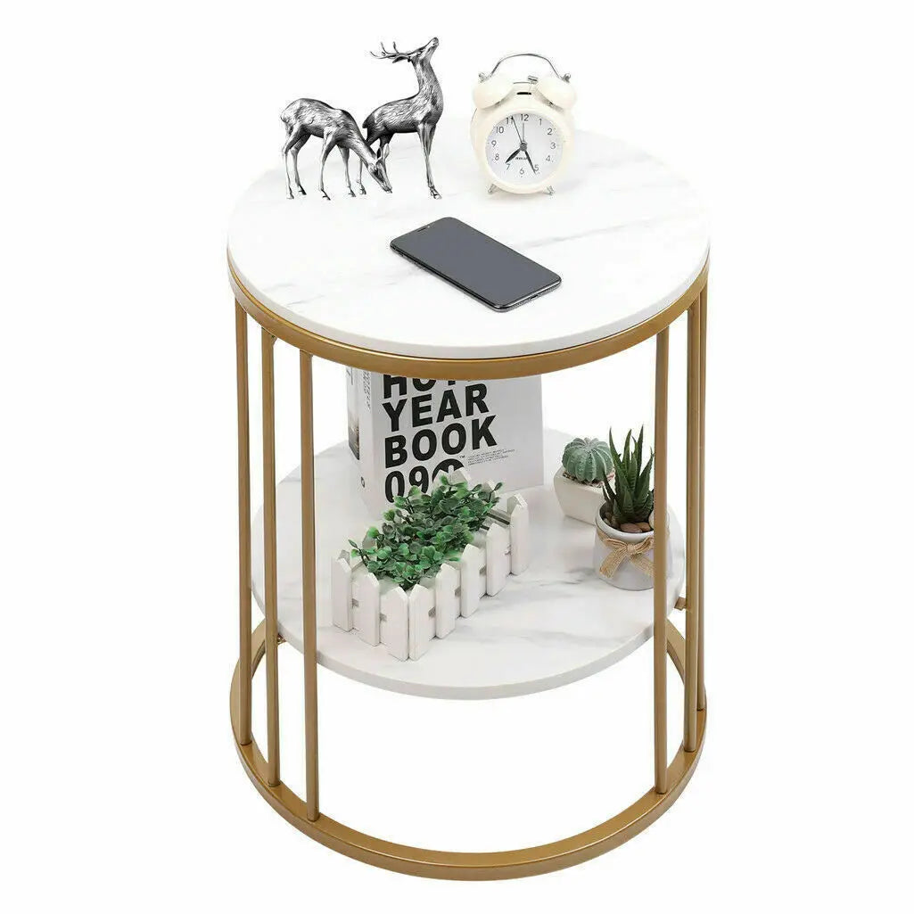 Two-tier round side table with a white stone-look top and gold metal frame