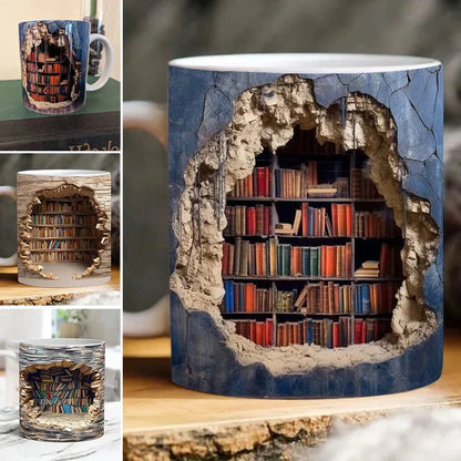 3D Bookshelf Coffee Mug, Ceramic Book Lover Mug for Office and Home, Microwave Safe Reader Gift, 3 Styles