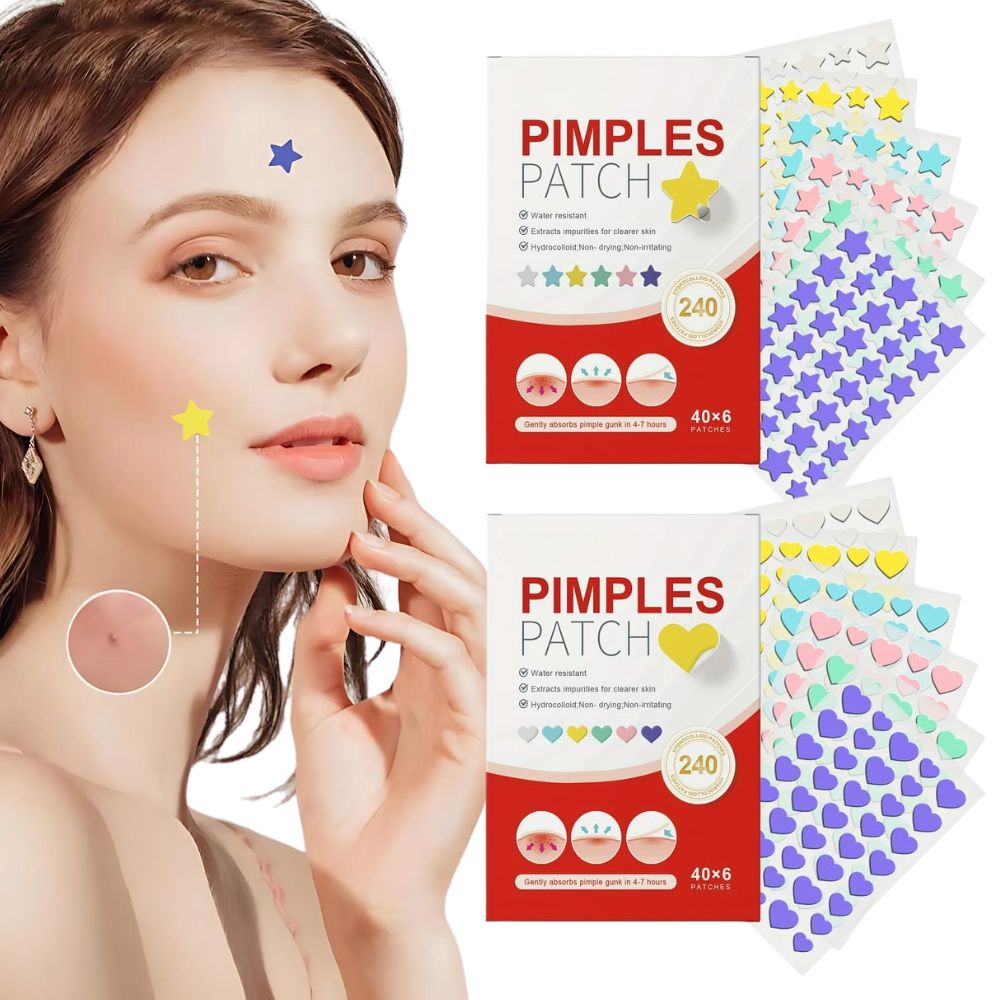 Colorful Pimple Patches, 240 Pack Hydrocolloid Acne Spot Dots in Star and Heart Shapes for Day and Overnight Use