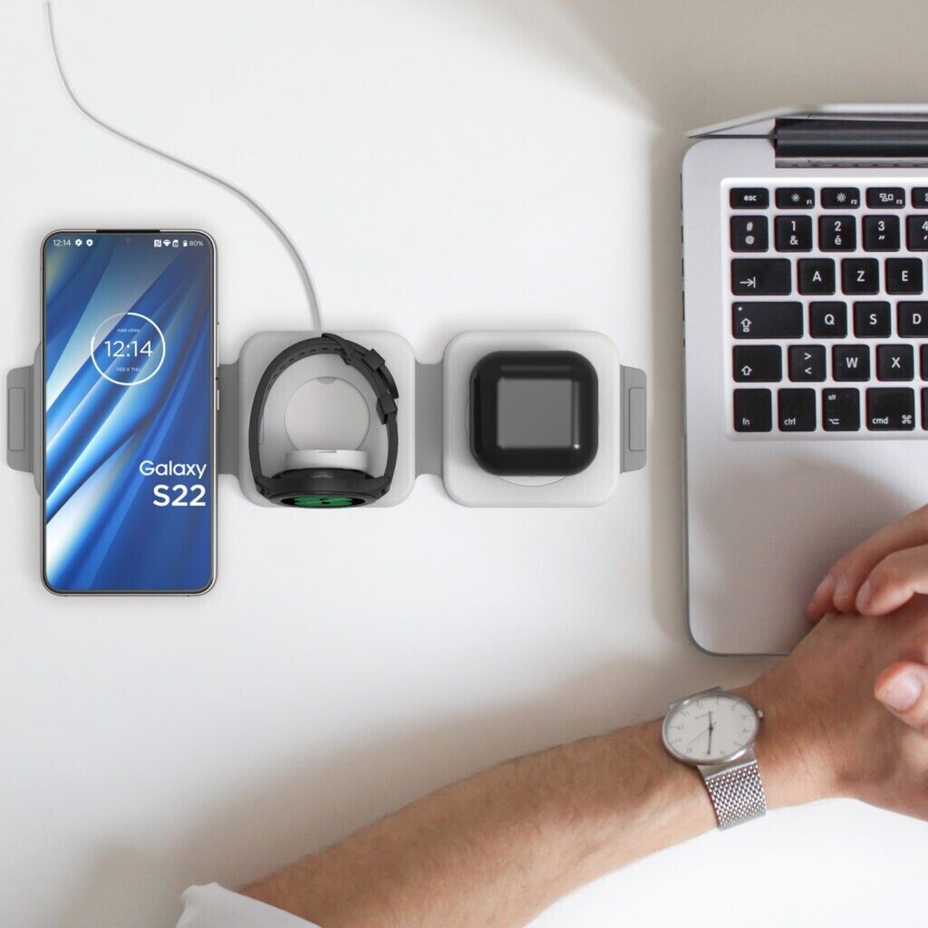 Travel Wireless Charger, 3-in-1 Foldable Qi Charging Station with Dual USB Ports for Phone, Earbuds and Watch