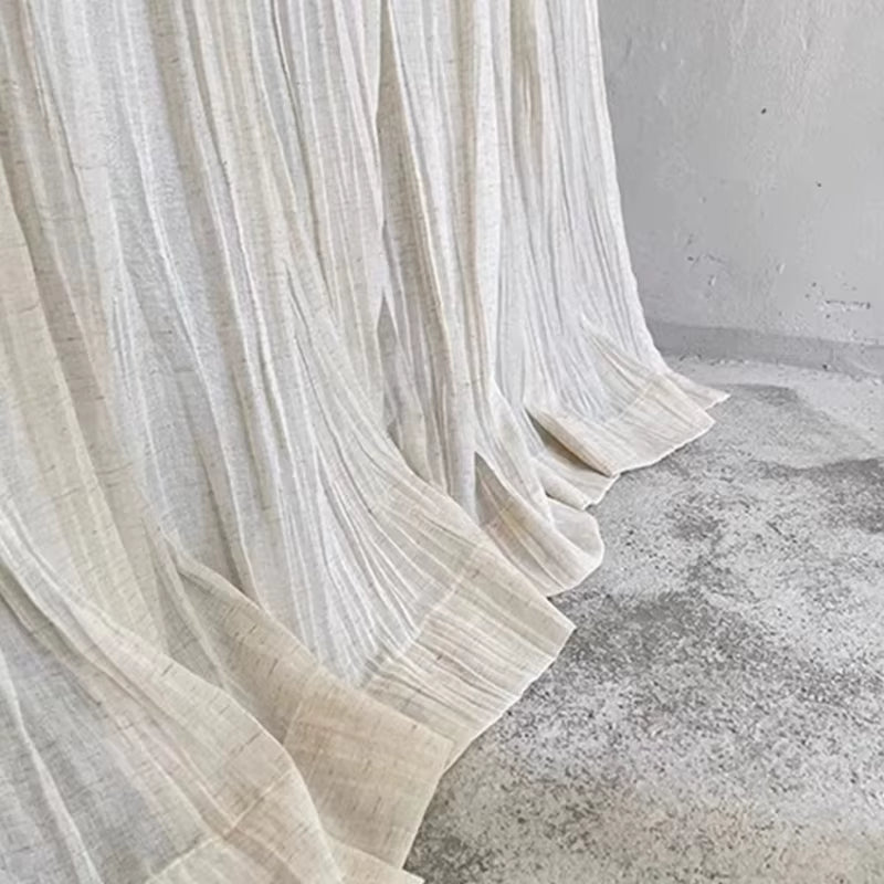 White tie-top curtain panel with a wrinkled linen-look texture