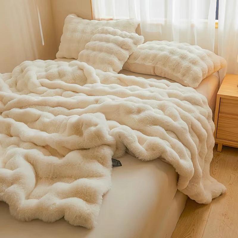 Cream faux rabbit fur throw blanket