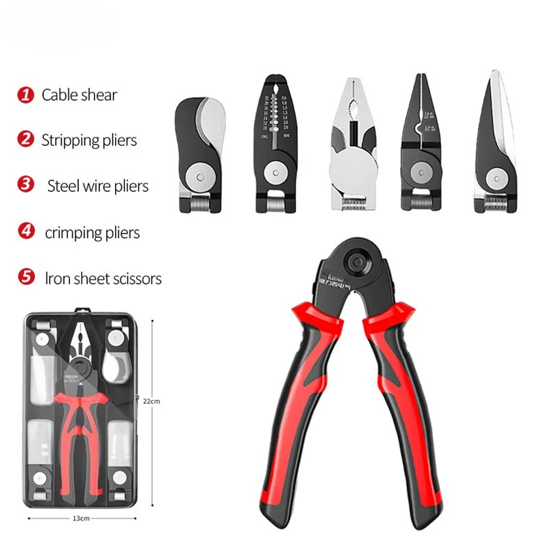 5-in-1 Multifunctional Pliers Set, Wire Stripper, Cutter and Crimping Tool with Interchangeable Heads for Electrical Work