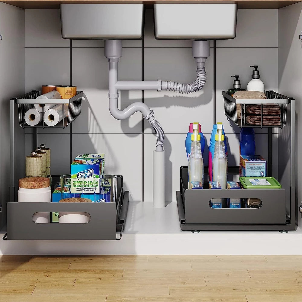 2-Tier Slide-Out Under Sink Organizer, L-Shaped Pull-Out Cabinet Storage Rack for Kitchen and Bathroom, Tool-Free