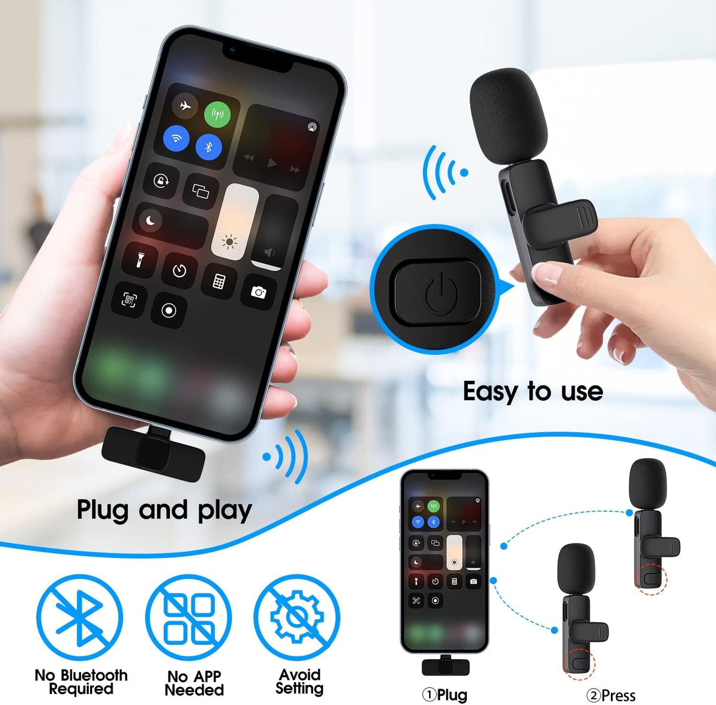 Wireless Lavalier Microphone for iPhone and iPad, 2 Pack Clip-On Lapel Mic with Noise Reduction for Vlogging & Podcasting