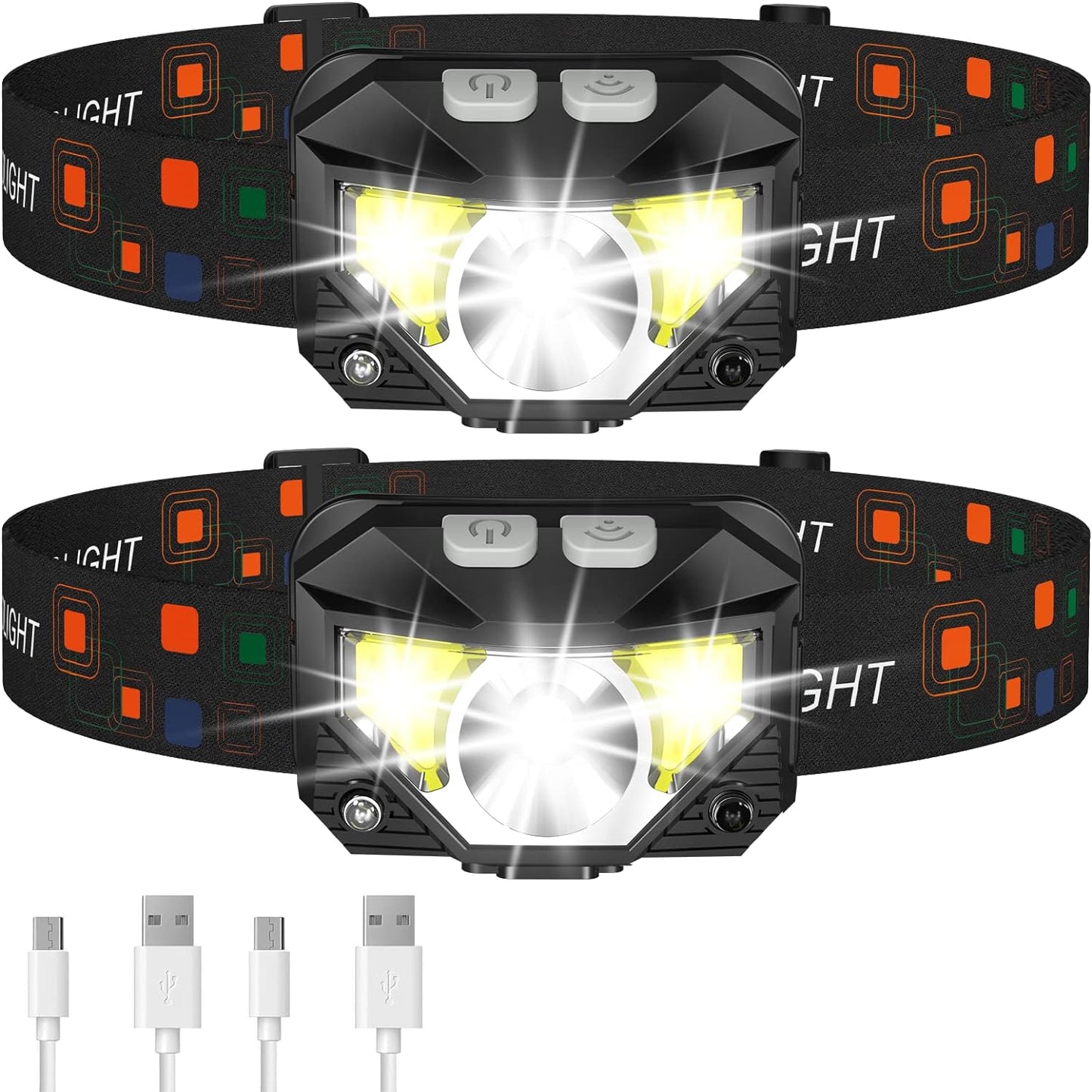 Rechargeable Motion Sensor Headlamp, 2 Pack Waterproof LED Head Torch with 8 Modes for Camping, Running & Work