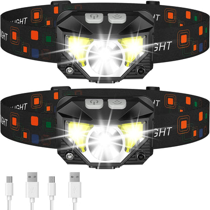Rechargeable Motion Sensor Headlamp, 2 Pack Waterproof LED Head Torch with 8 Modes for Camping, Running & Work