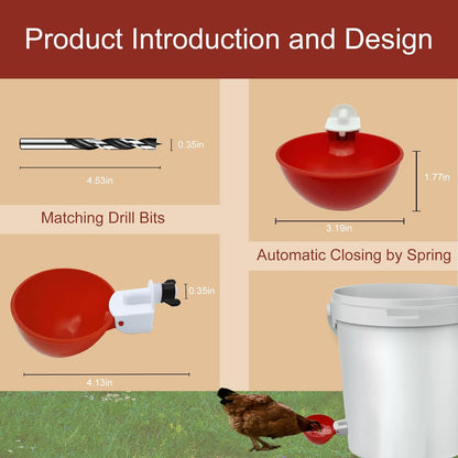 Automatic Chicken Waterer Cups, 10 Pack Poultry Water Cups with Drill Bit, Gravity-Fed No-Drip Drinker for Chickens, Ducks & Quail