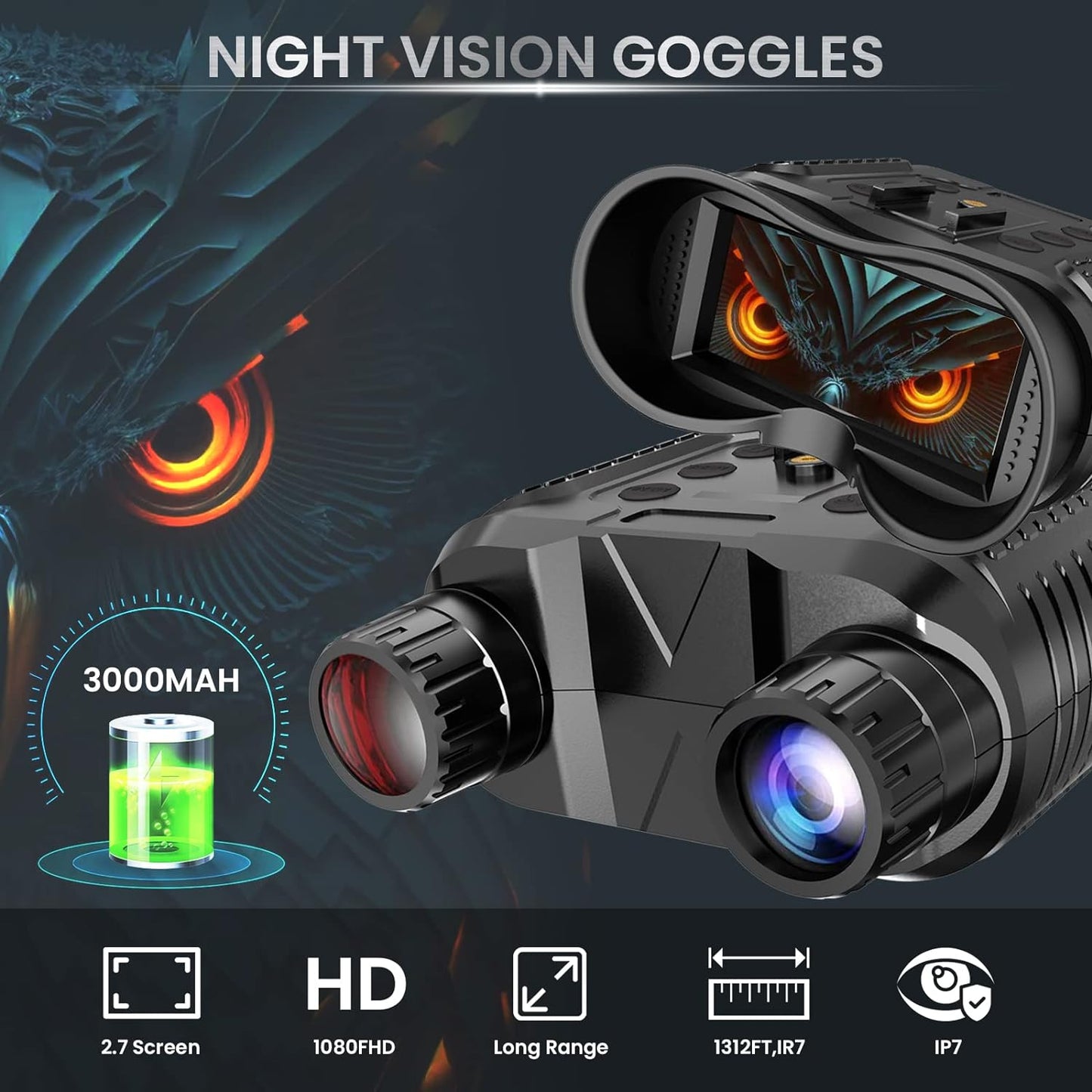 Night Vision Goggles, Rechargeable Infrared Binoculars with Camera and Dual HD Screens for Hunting and Camping
