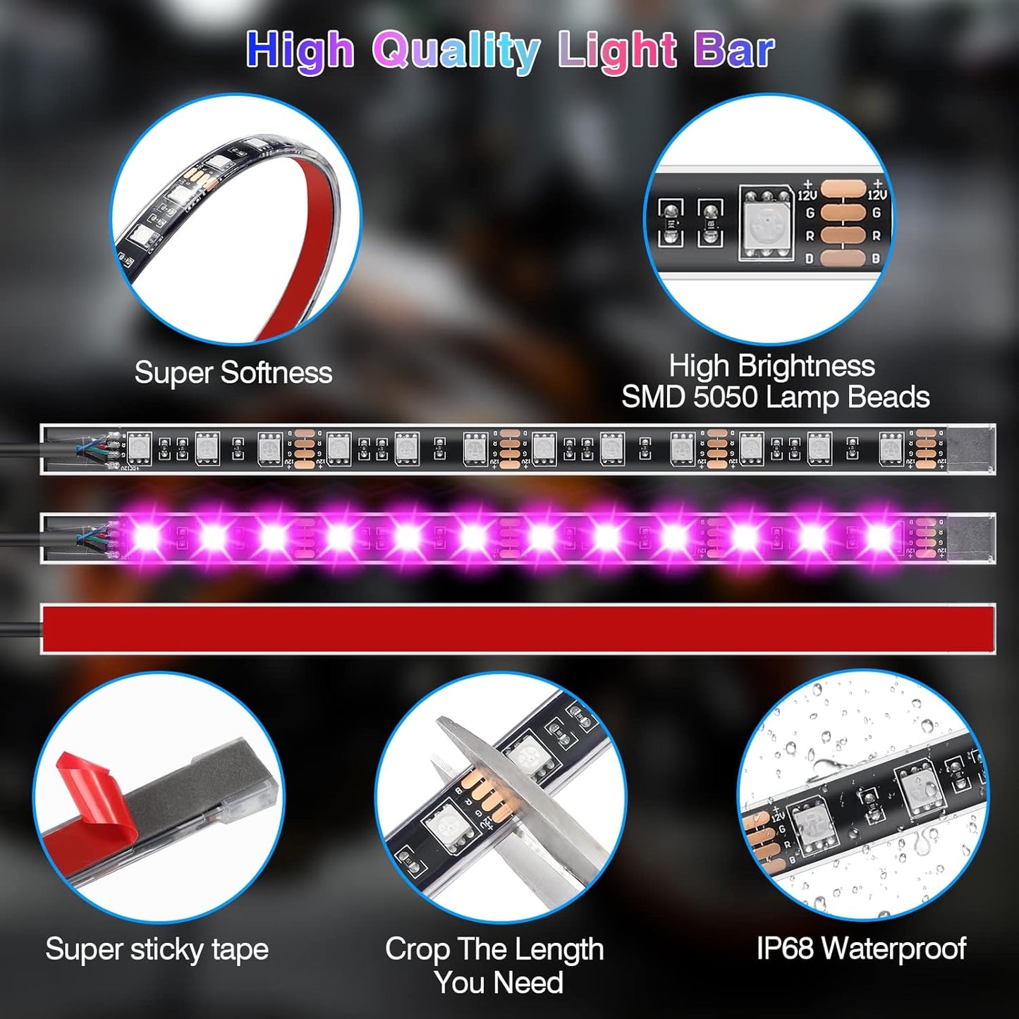 Motorcycle LED Light Kit, 12-Piece 144 LED RGB Strips with App and Remote Control, Brake and Turn Signal, IP68 Waterproof