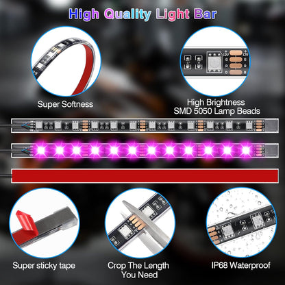 Motorcycle LED Light Kit, 12-Piece 144 LED RGB Strips with App and Remote Control, Brake and Turn Signal, IP68 Waterproof